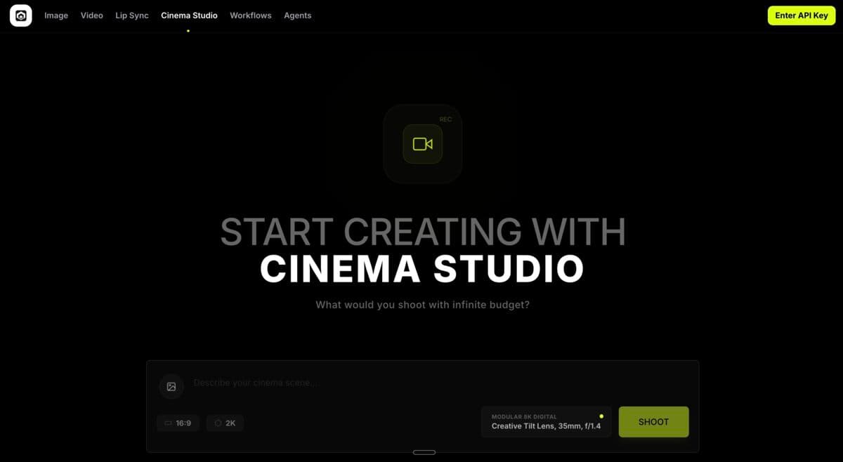 Interface Open Generative AI Cinema Studio yang kebuka di browser